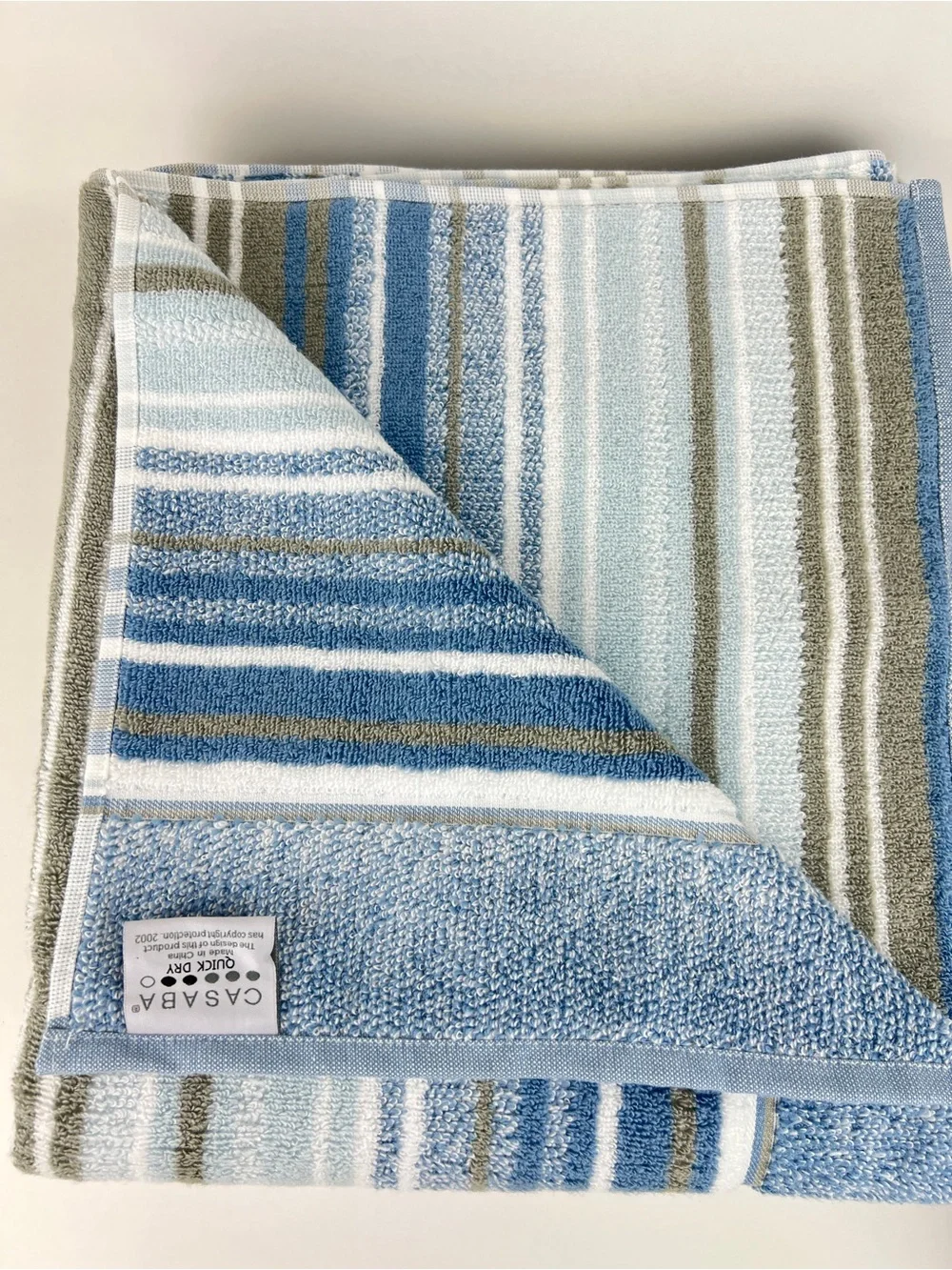 Casaba Bath Towel Set Blue White Taupe Striped Quick Dry Soft Cotton 2 Pc NEW
